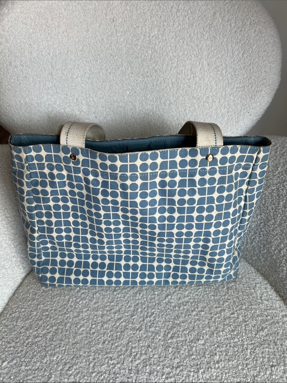 kate spade Blue and Cream Geometric Canvas Tote, handle need TLC